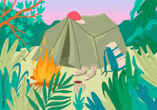 Summer holiday. Camping in forest with tent. Vector cartoon concept