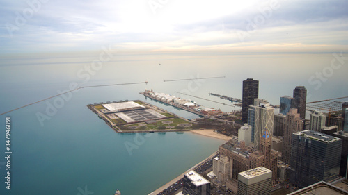 CHICAGO, ILLINOIS, UNITED STATES - DEC 11th, 2015: View from John Hancock tower, Chicago and Lake Michigan panoramic view. City skyline from 360 Chicago observation deck