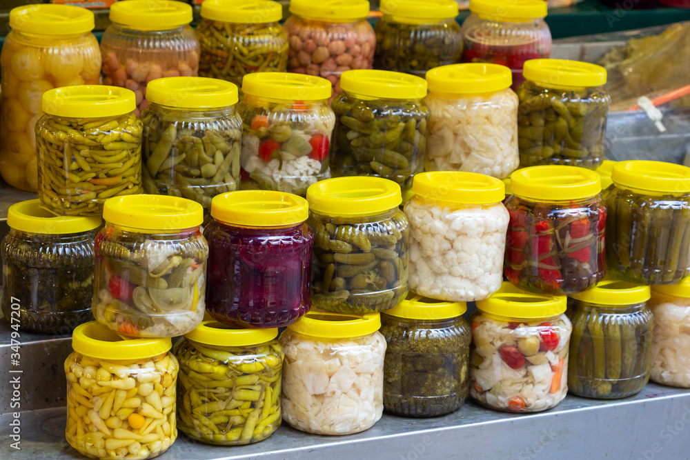 Homemade Pickled Vegetables in Jars Ready to Eat. Homemade Pickled Vegetables in Jars Ready to Eat.
