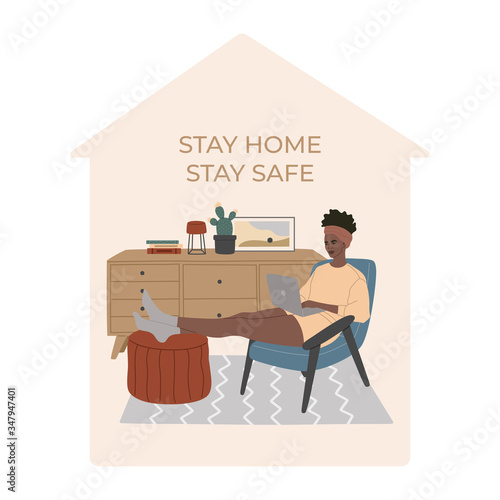 Stay safe, young girl working at home in quarantine on laptop, cozy apartment, Scandinavian interior. Flat style illustration.