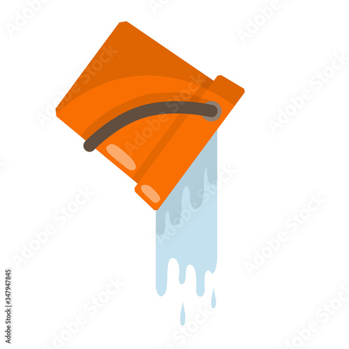 Orange bucket of water. Splash and splatter. Liquid pours out. Cartoon flat illustration. Cleaning the house. Yellow object for washing