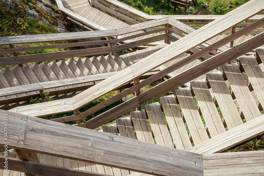 Detail of wooden stairs and handrails of the Paiva Walkways, near Arouca in Portugal. Detail of wooden stairs and handrails of the Paiva Walkways, near Arouca in Portugal.