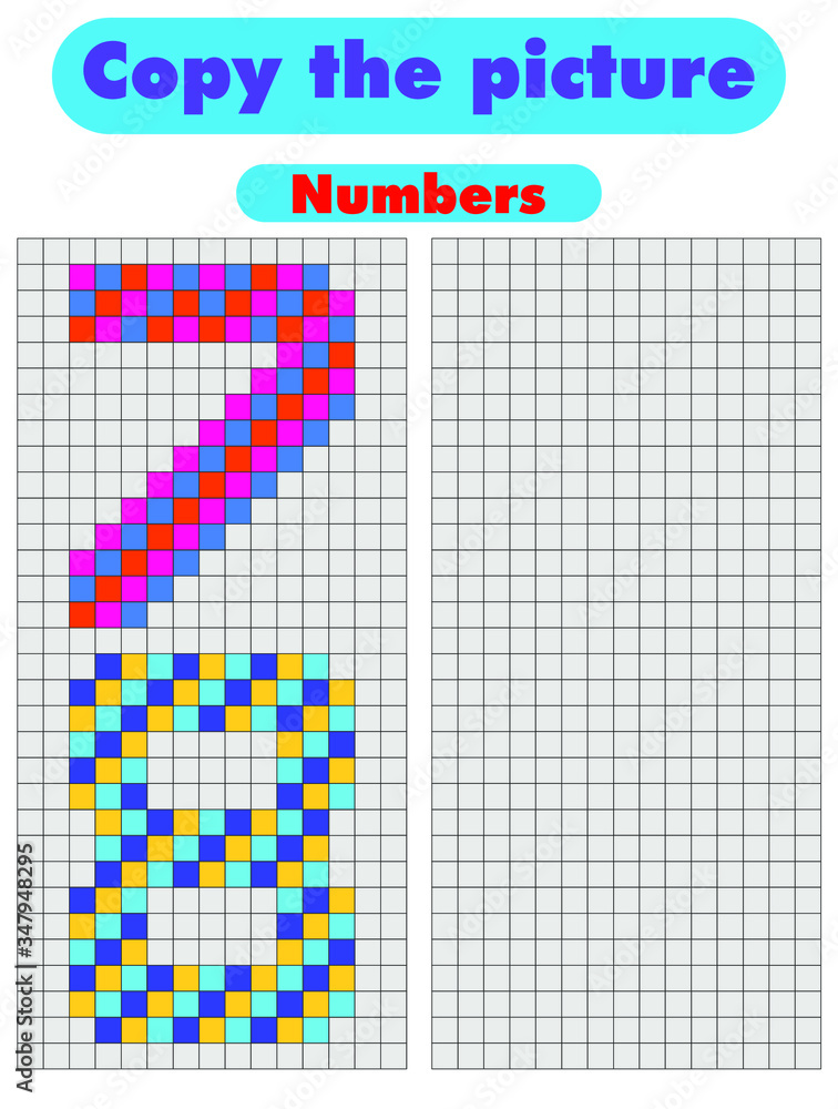 Copy the picture. Draw the numbers using the grid. Color by example. Educational game for children with learning numbers and symmetry. Worksheet for kids. Stock vector illustration. Copy the picture. Draw the numbers using the grid. Color by example. Educational game for children with learning numbers and symmetry. Worksheet for kids. Stock vector illustration.