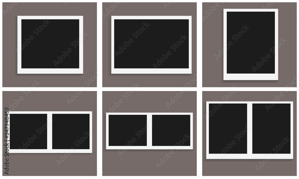 Set of empty photo frames mock up with shadow. Template isolated on transparent background. Instant photo frame for social net, film, memory. Vector illustration in retro vintage style. Set of empty photo frames mock up with shadow. Template isolated on transparent background. Instant photo frame for social net, film, memory. Vector illustration in retro vintage style.