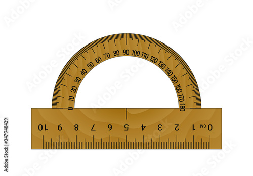The measuring instrument is a protractor with wood texture on a white background. Vector illustration.
