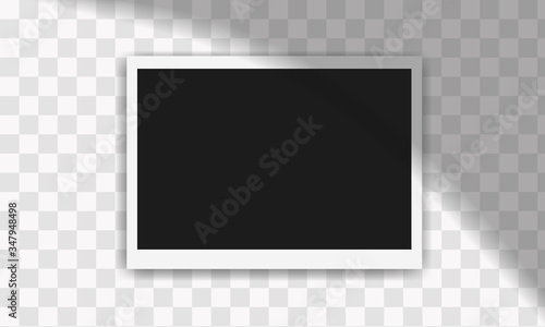 Empty photo frame mock up with shadow. Template isolated on transparent background. Instant photo frame for social net, film, memory. Vector illustration in retro vintage style.