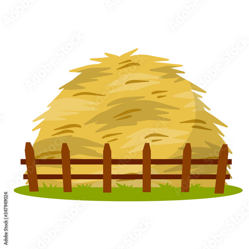 Sheaf of wheat ears. Rural crop with wooden fence. Autumn rustic element. Cartoon flat illustration. Bunch of harvest haystack