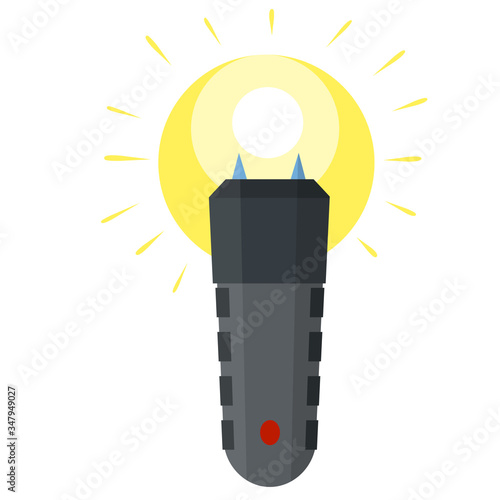 Shocker for protection. Taser is an electric weapon. Personal safety. Item for safety. Working device. Cartoon flat illustration, Yellow lightning flash