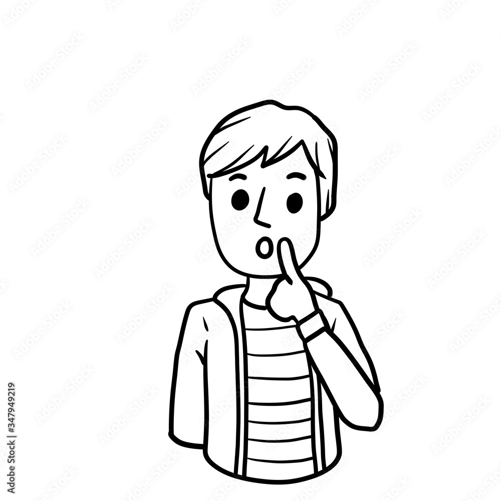 Confused man. Doubts and gesture finger at hands. Hand-drawn embarrassed young character. Boy in shirt. Guy and question. Emotions of hesitation, suspicion and mistrust Confused man. Doubts and gesture finger at hands. Hand-drawn embarrassed young character. Boy in shirt. Guy and question. Emotions of hesitation, suspicion and mistrust