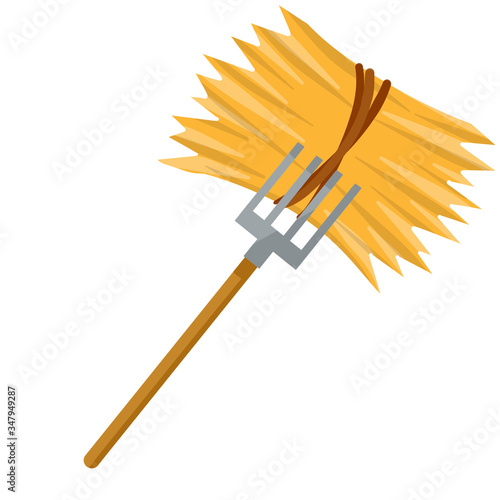 Yellow haystack and hayfork. Cartoon flat illustration. Rustic sheaf. countryside harvest of crop. Organic food and fork