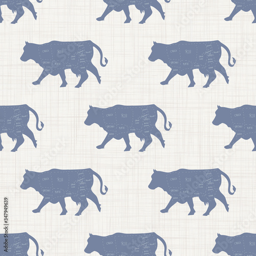 Seamless french farmhouse cow charcuterie butcher pattern. Farmhouse linen shabby chic style. Hand drawn rustic texture background. Country farm kitchen design. Pork meat cut textile all over print.