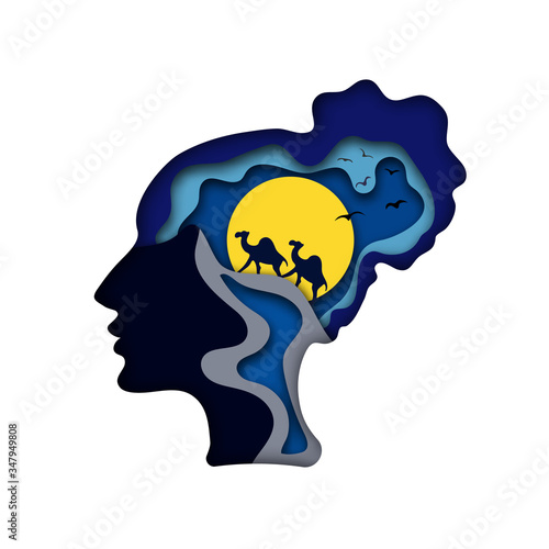 Night landscape, desert. Silhouettes of camels on background of the full moon, the reflection of the moonlight in the sand dunes, the dark sky. Eastern style, dream of travel, ethnos, expedition.
