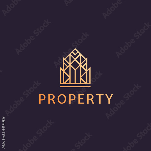 Luxury line geometric house, residential, hotel, apartment logo. Elegant real estate, palace, buildings,  architecture restoration logo. Art Deco premium property icon with ornament.