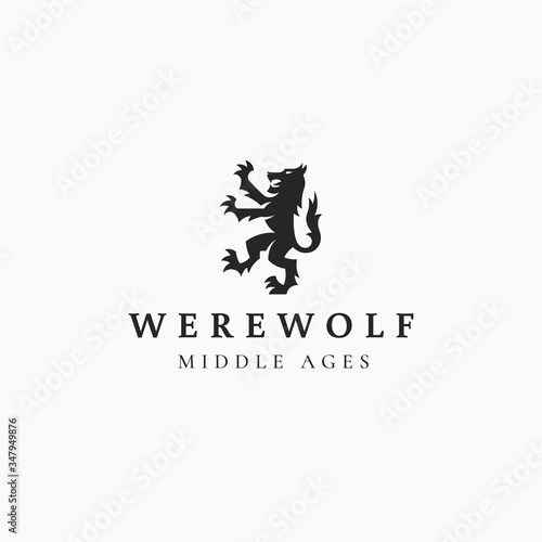 Werewolf logo illustration. Heraldic wolfman for kingdom crest, Halloween, castle, legend, mythology. Coat of arms, heraldry wild wolf logo.