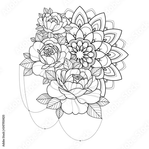 Hand drawing flowers with mandala ornament for greeting card, invitation, Henna drawing and tattoo template. Vector illustration