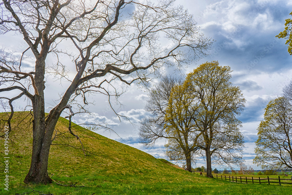 The Royal Mounds (Kungshogarna) three large barrows located in Gamla Uppsala. Archeological site in Sweden near Stockholm.
