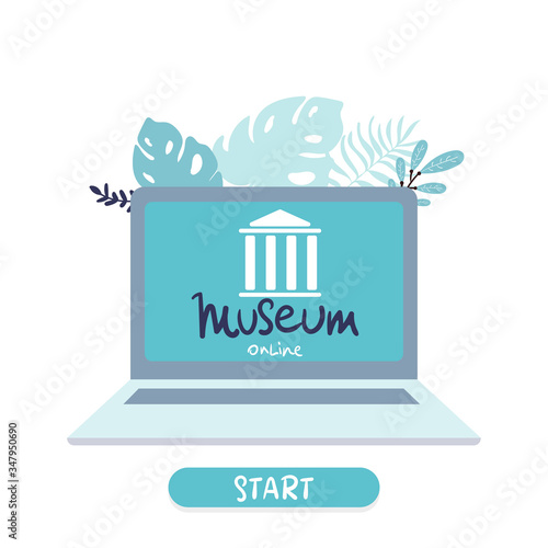 Interactive museum exhibition. laptop . Virtual Museum and Art Gallery Tours in laptop. Online Tours. Vector flat concept