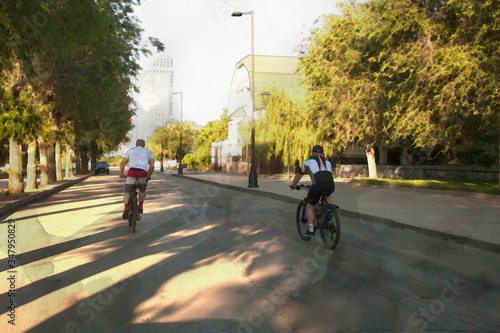 watercolor drawing of cyclists in a city park