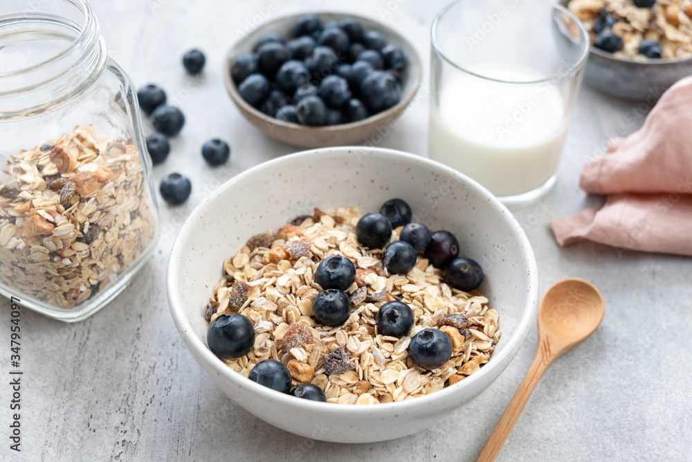 Breakfast cereals in bowl served with almond milk and blueberries. Clean eating, healthy food diet concept Breakfast cereals in bowl served with almond milk and blueberries. Clean eating, healthy food diet concept