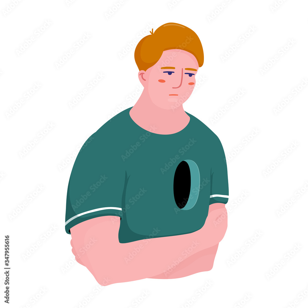 Sad, unhappy man suffering from psychological trauma, having hole in his heart, darkness inside, hugging, embracing himself in distress, flat cartoon vector illustration isolated on white background