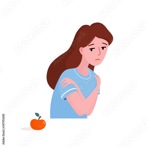 Young pretty girl, woman looking frightened at apple, hugging, embracing herself in dismay, eating disorder, anorexia concept, flat cartoon vector illustration isolated on white background