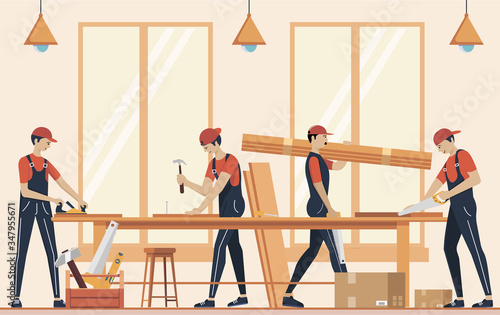 Furniture assembly concept illustration. Manufacture of furniture. Workers of manufacture with professional tools. Help from furniture store professional. Flat cartoon vector illustration