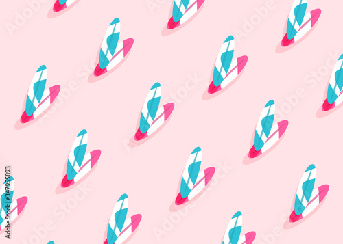 Surfing board pattern on pink background, top view, flat photo