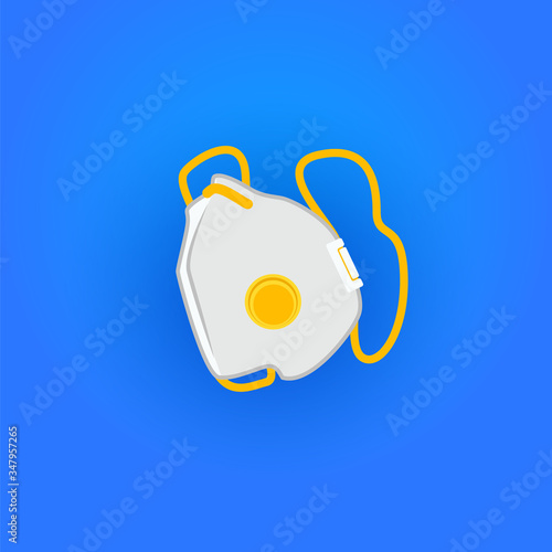 N95 medical mask protects against environmental pollution, flu viruses and coronavirus on blue background