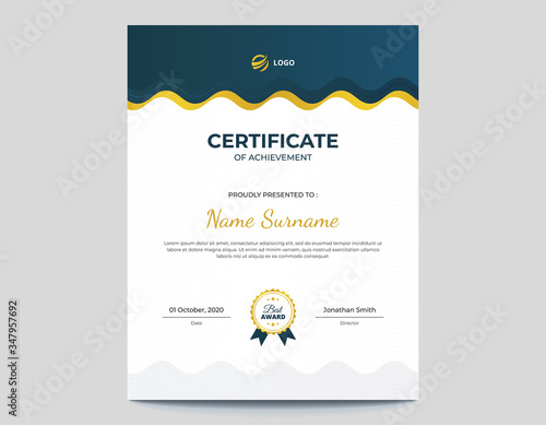 Vertical Dark Blue and Gold Waves Certificate Design Template
Letter Size 8.5 x 11 with .125 Bleed