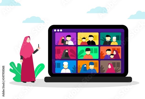 eid al fitr reunion stay at home using video call or teleconference due to covid-19 outbreak. social distancing campaign. app running on a laptop monitor and a muslim women standing using smartphone