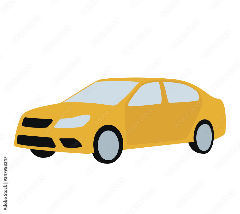 Vector graphics. The little yellow car looks like a taxi. The background is white. Vector graphics. The little yellow car looks like a taxi. The background is white.