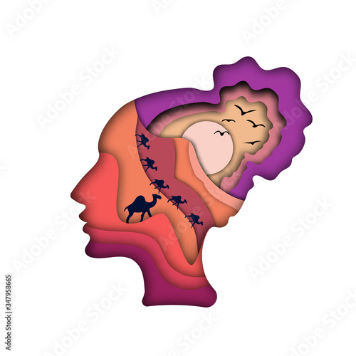 vector illustration in the style of paper cut. Paper application. Abstract image of a female profile. The girl dreams of visiting the desert. Travel, exotic, hot sand, caravans. Ethno style, landscape