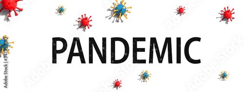 Pandemic theme with virus craft objects - flat lay