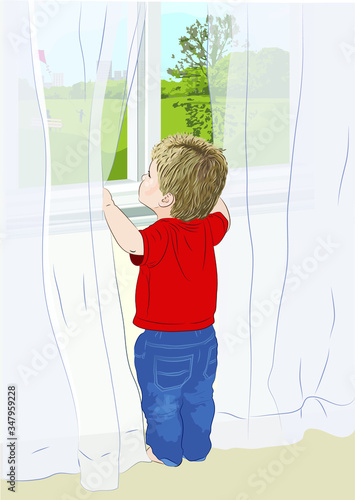 Boy looking out of a window during social isolation seeing a child flying a kite in a park. Vector illustration.
