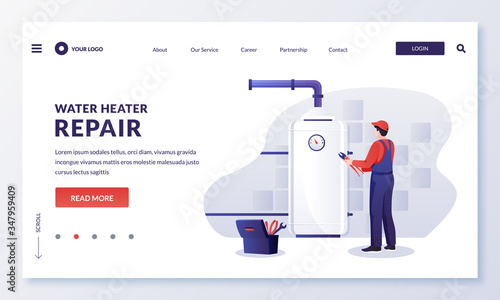 Plumber worker repairs or install water heater boiler. Vector illustration. Home repair, maintenance, plumbing services