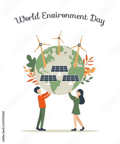 World Environment day concept. Concept people hold Planet with solar energy panels and windmills. Flat vector eco modern illustration for social poster, banner, card, template. Save the Planet