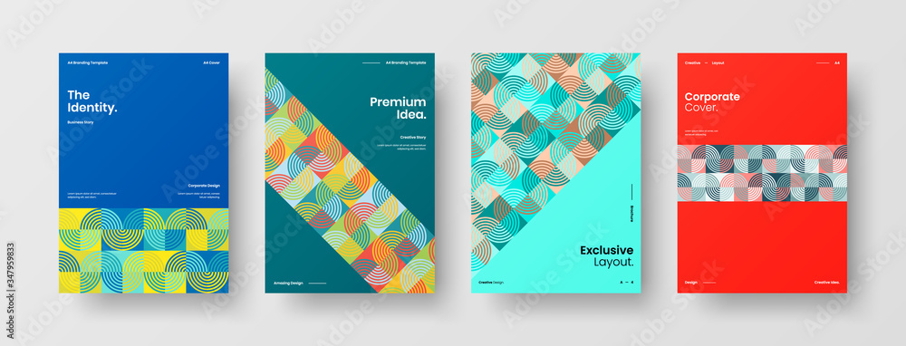 Company identity brochure template collection. Business presentation vector A4 vertical orientation front page mock up set. Corporate report cover abstract geometric illustration design layout bundle.