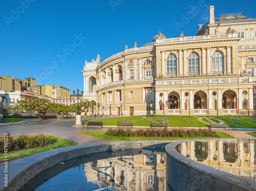 morning light on facade of opera theater in Odessa in Ukraine with copy space in the sky