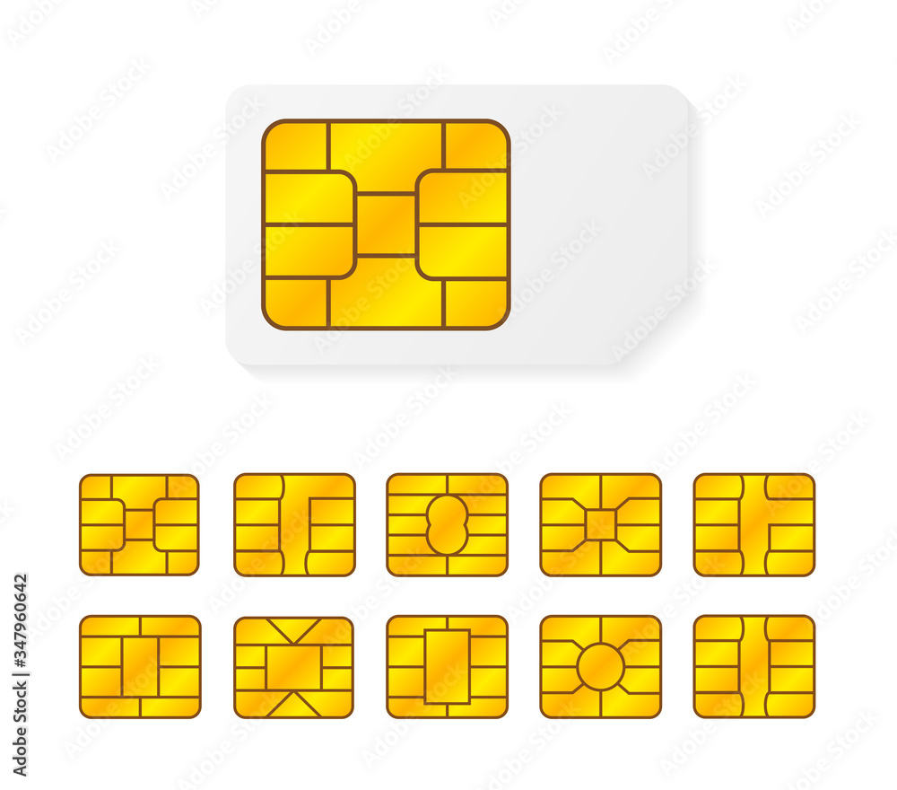 Realistic global collection phone sim card with different EMV chips. Nfc  chip for credit card security isolated on white background. Big set  elements. Vector. Stock Vector | Adobe Stock