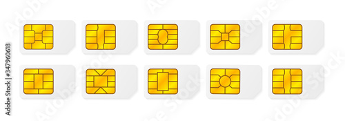 Realistic global big collection phone sim card with different EMV chips. Nfc chip for credit card security isolated on white background. Vector.