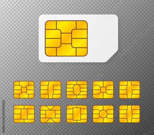 Realistic global collection phone sim card with different EMV chips. Nfc chip for credit card security isolated on white background. Big set elements. Vector.