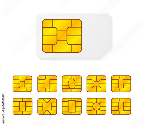 Realistic global collection phone sim card with different EMV chips. Nfc chip for credit card security isolated on white background. Big set elements. Vector.