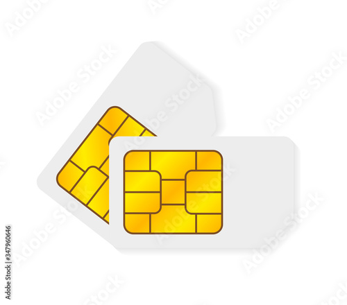 Two realistic global collection phone sim card with EMV chips. Nfc chip for credit card security isolated on white background. Vector.