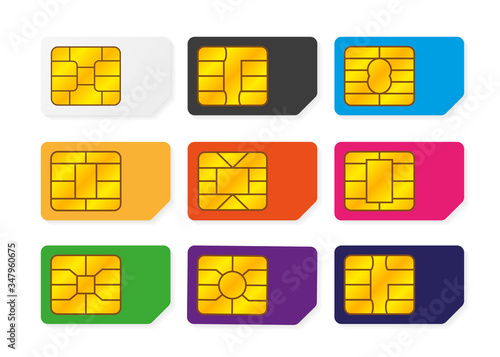 Realistic global big collection phone sim card with different EMV chips and different colors. Nfc chip for credit card security isolated on white background. Vector.
