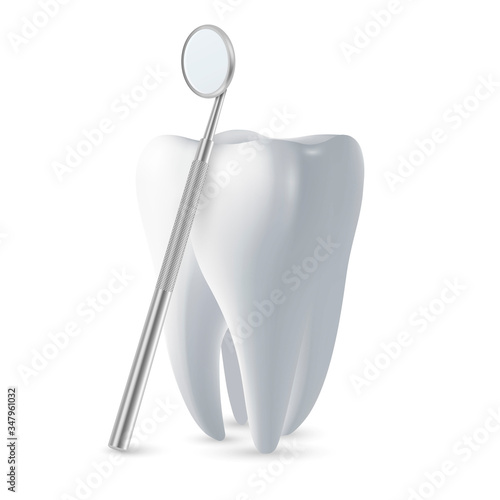 Vector 3d Realistic Dental Inspection Mirror for Teeth with Tooth Icon Closeup Isolated on White Background. Medical Dentist Tool. Design Template, Clipart. Dental Health Concept