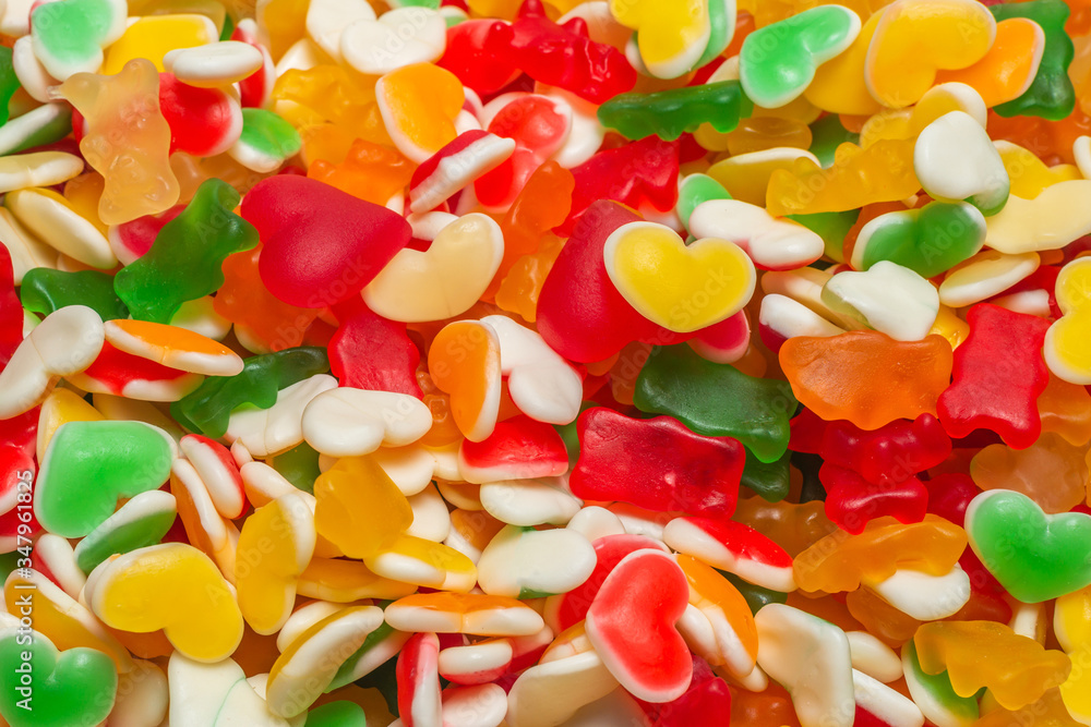 Assorted gummy candies. Top view. Jelly sweets. Assorted gummy candies. Top view. Jelly sweets.