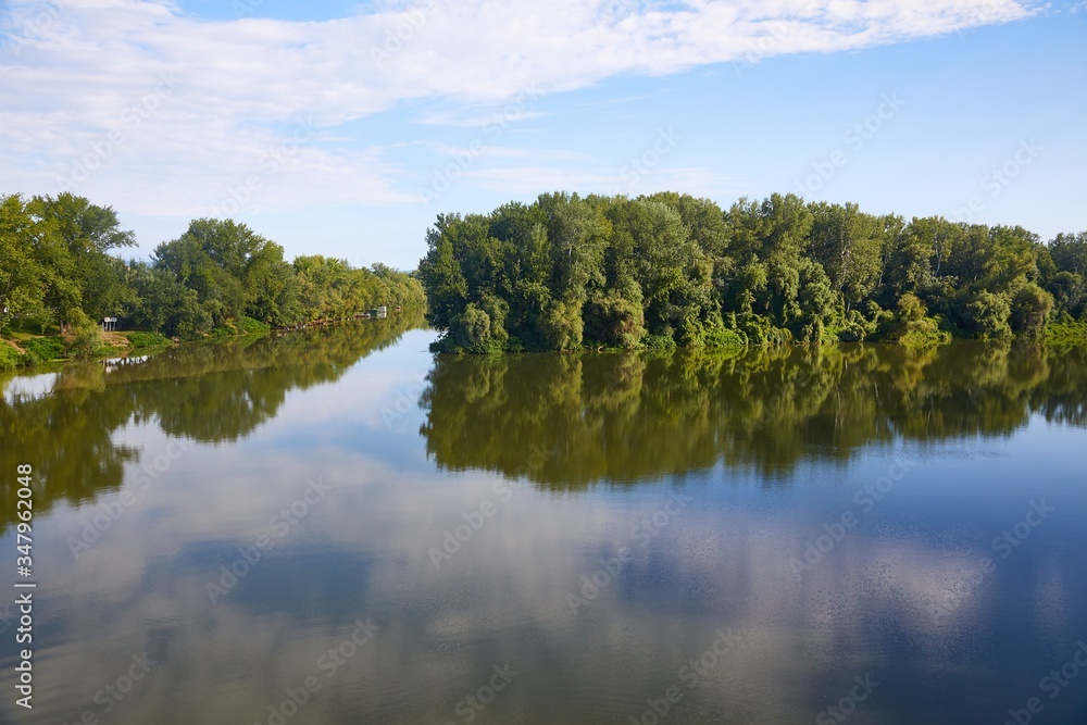 River landscape with two rivers merging, Tisza and Bodrog in Hungary