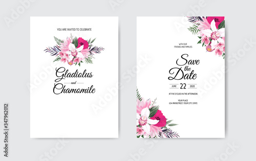 Botanical wedding invitation card template design, white and pink flowers on ...