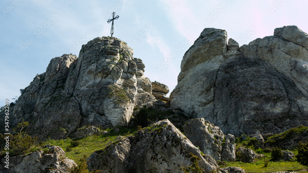 Fototapeta premium View of the Sokolich Mountains Reserve and rock stones in Olsztyn. A free space for an inscription