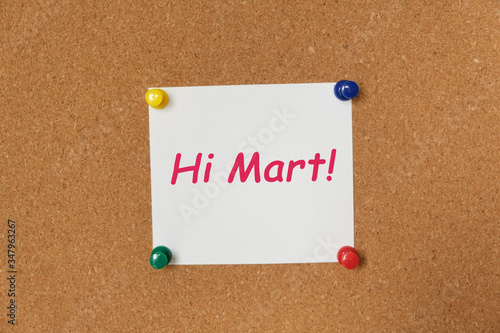 Text Hi Mart! written on a sticker